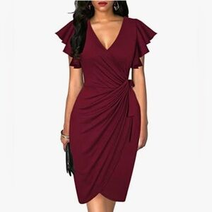 Oten Womens Deep V Neck Ruffle Sleeve Faux Wrap Dress medium nwt